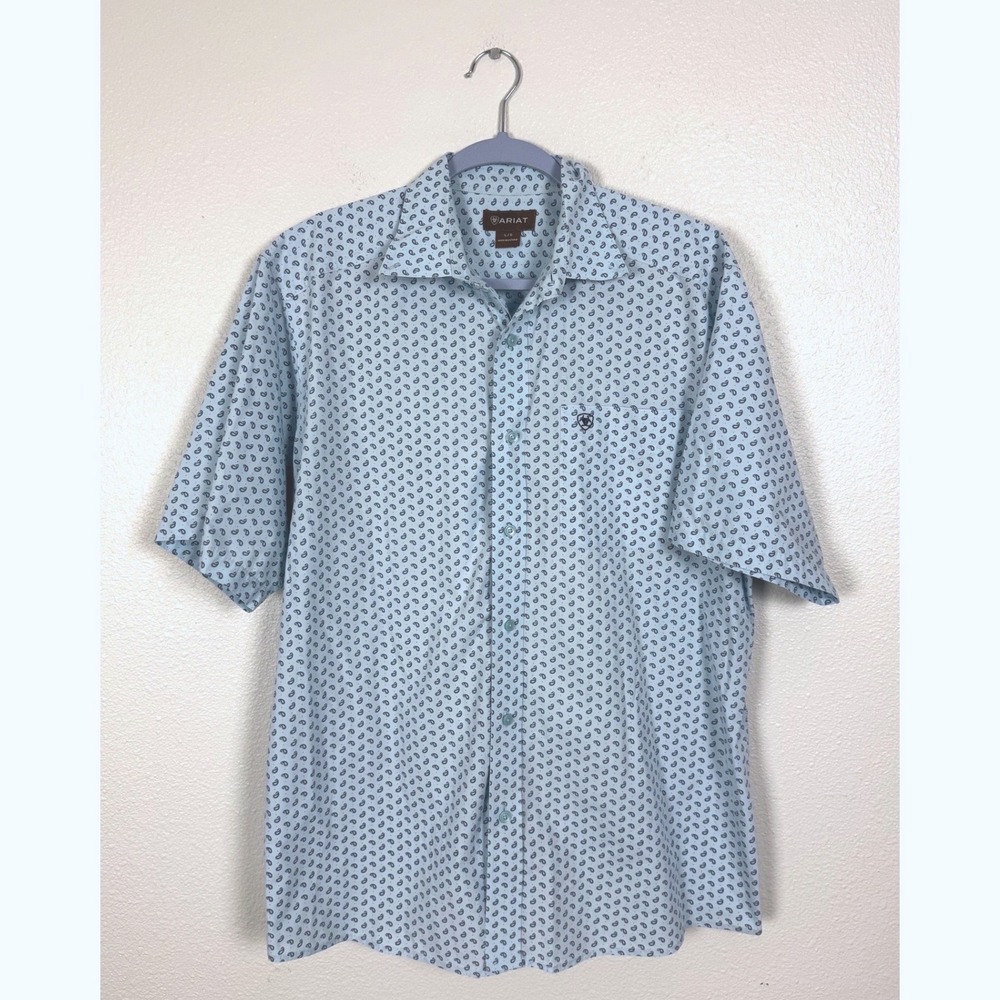 Ariat Shirt Mens Large Blue Paisley Short Sleeve Button Down Cotton Western